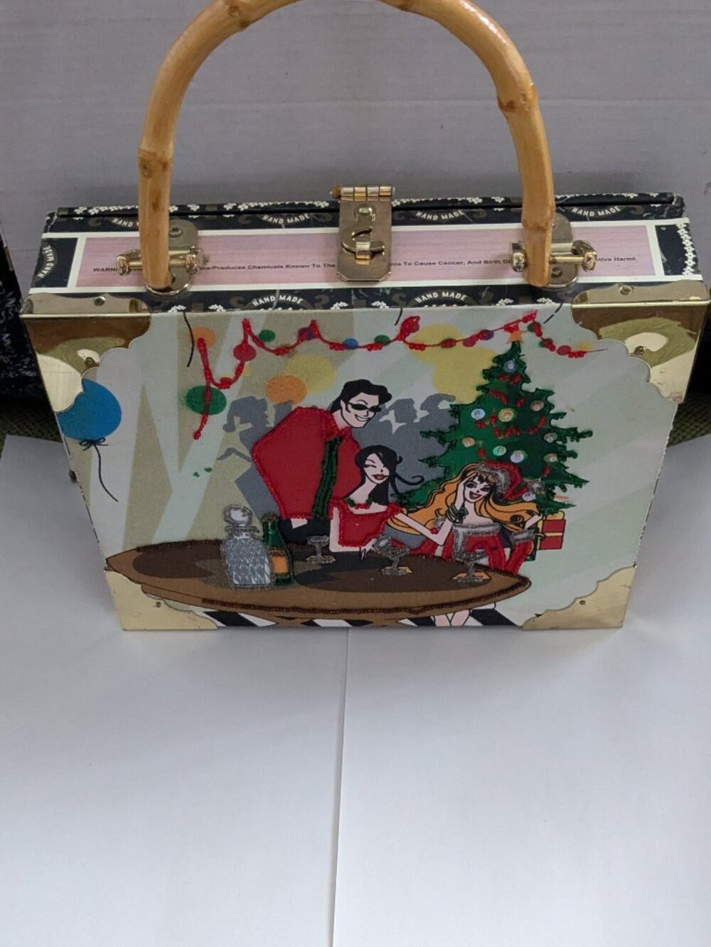 Vintage Artisan Christmas Holiday Themed Cigar Box Handbag Purse